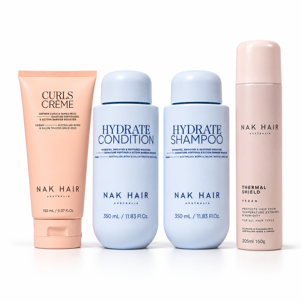 Rutina Rizos Definidos NAK Signature: Shampoo y Conditioner Hydrate 350 ml, Curls Crème 150 ml y Thermal Shield