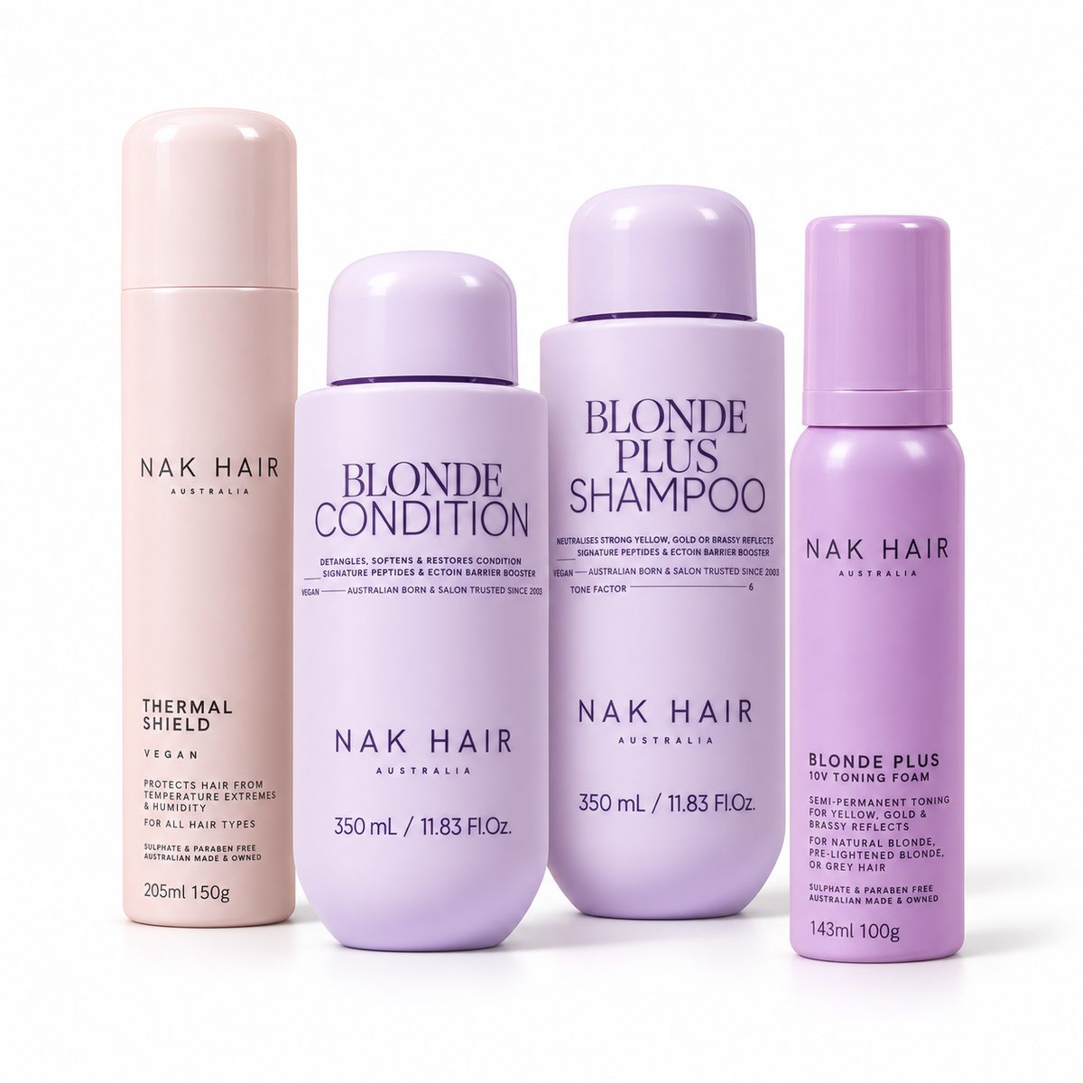 Rutina Rubio Perfecto NAK Signature: Shampoo Blonde Plus y Conditioner Blonde 350 ml, Blonde Plus Toning Foam y Thermal Shield