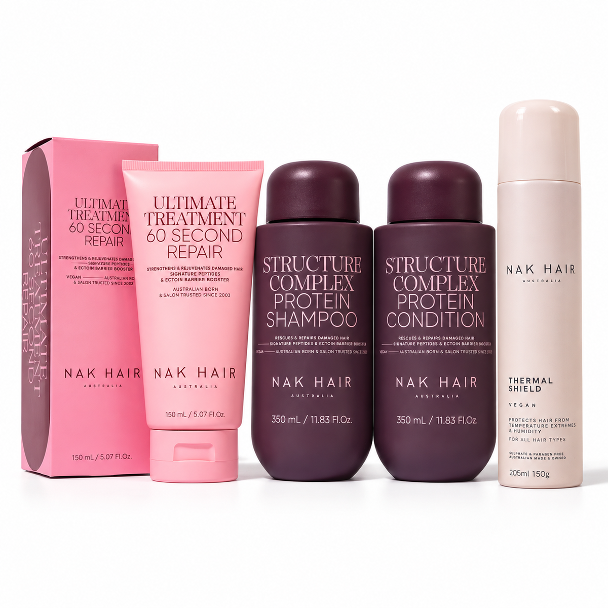 Rutina Reparación NAK Signature: Shampoo y Conditioner Structure Complex 350 ml, Ultimate Treatment 150 ml y Thermal Shield