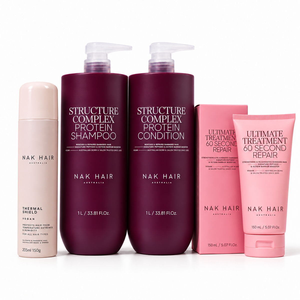Rutina Reconstrucción XL NAK Signature: Shampoo y Conditioner Structure Complex 1 litro con bomba, Ultimate Treatment 150 ml y Thermal Shield