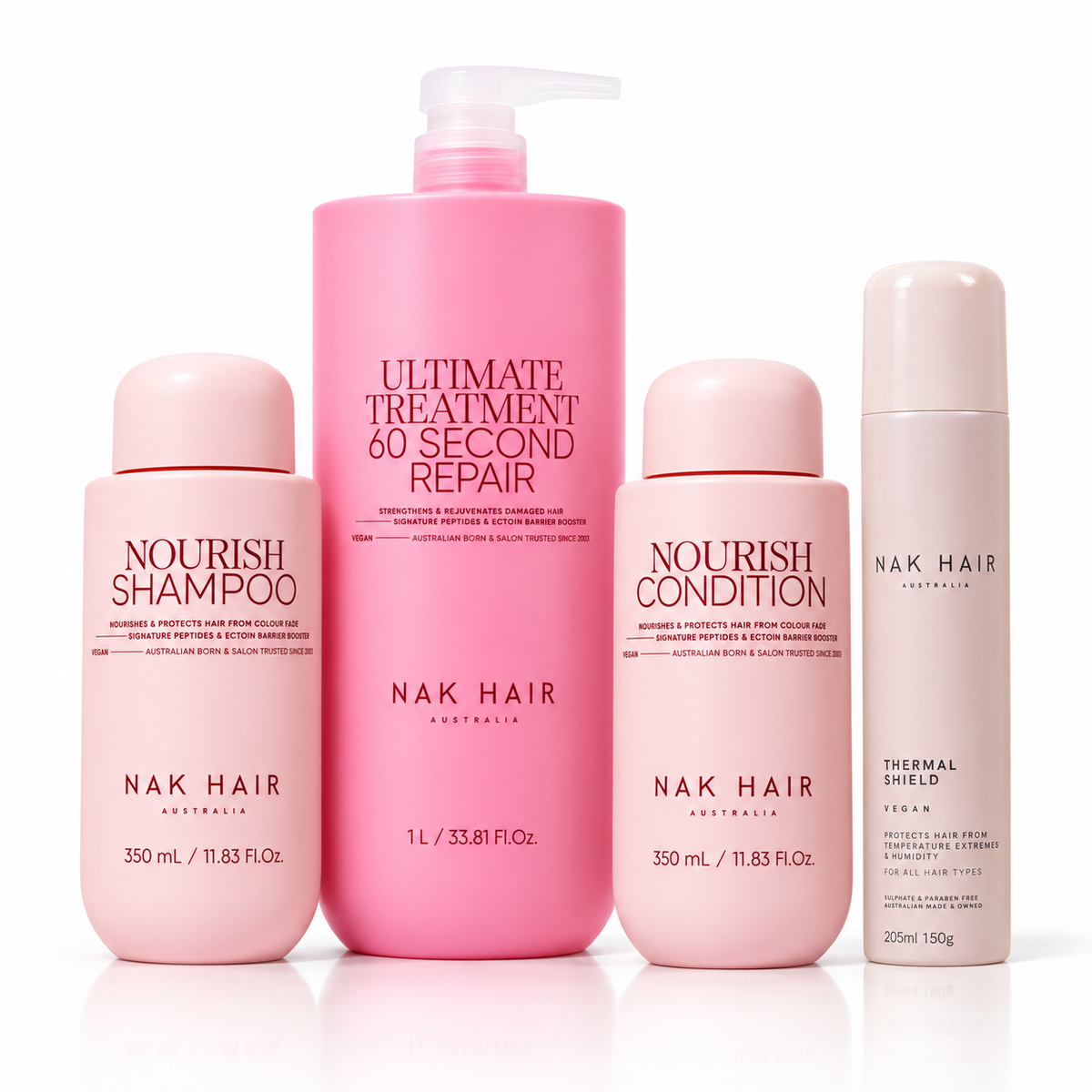 Pack Tratamiento intenso NAK Signature: Ultimate Treatment 1 litro, Shampoo y Conditioner Nourish 350 ml y Thermal Shield