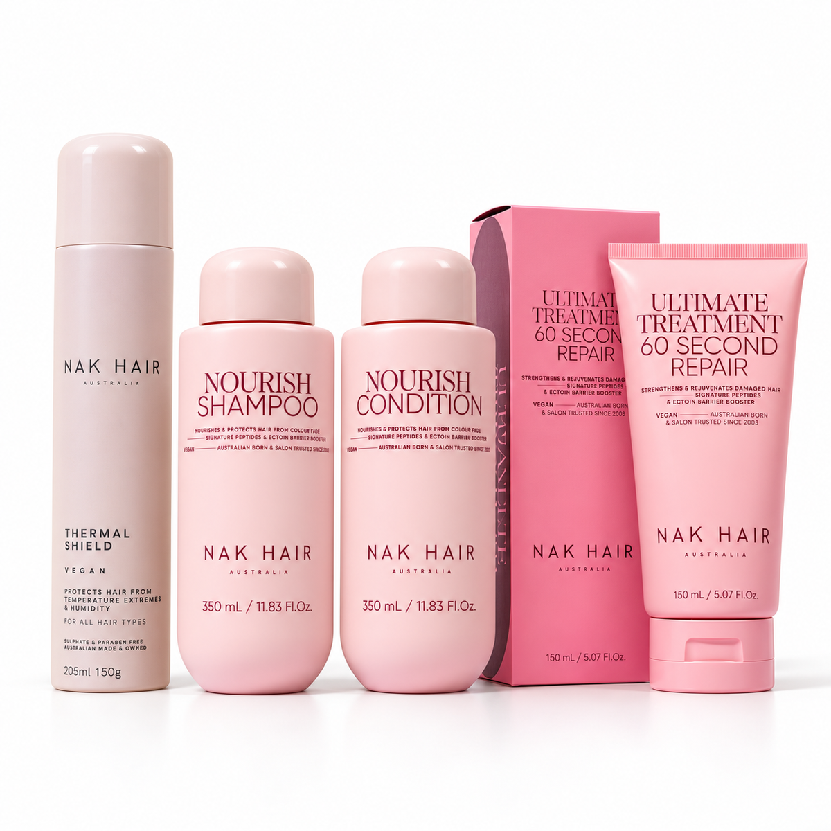 Rutina Nutrición y Color NAK Signature: Shampoo y Conditioner Nourish 350 ml, Ultimate Treatment 150 ml y Thermal Shield