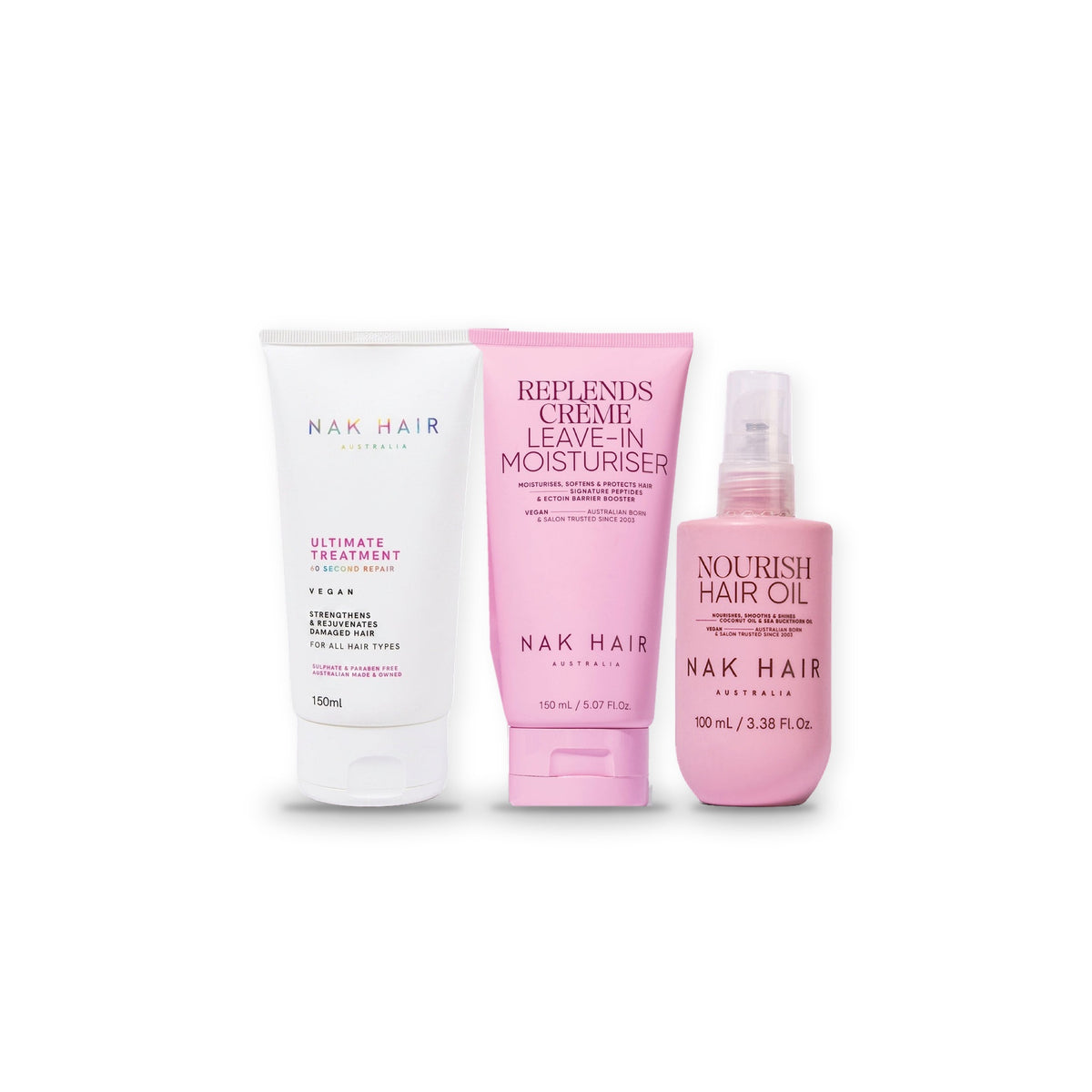 Trío Profesional NAK Hair: Ultimate Treatment 150 ml + Replends Crème Leave-In 150 ml + Nourish Hair Oil 100 ml